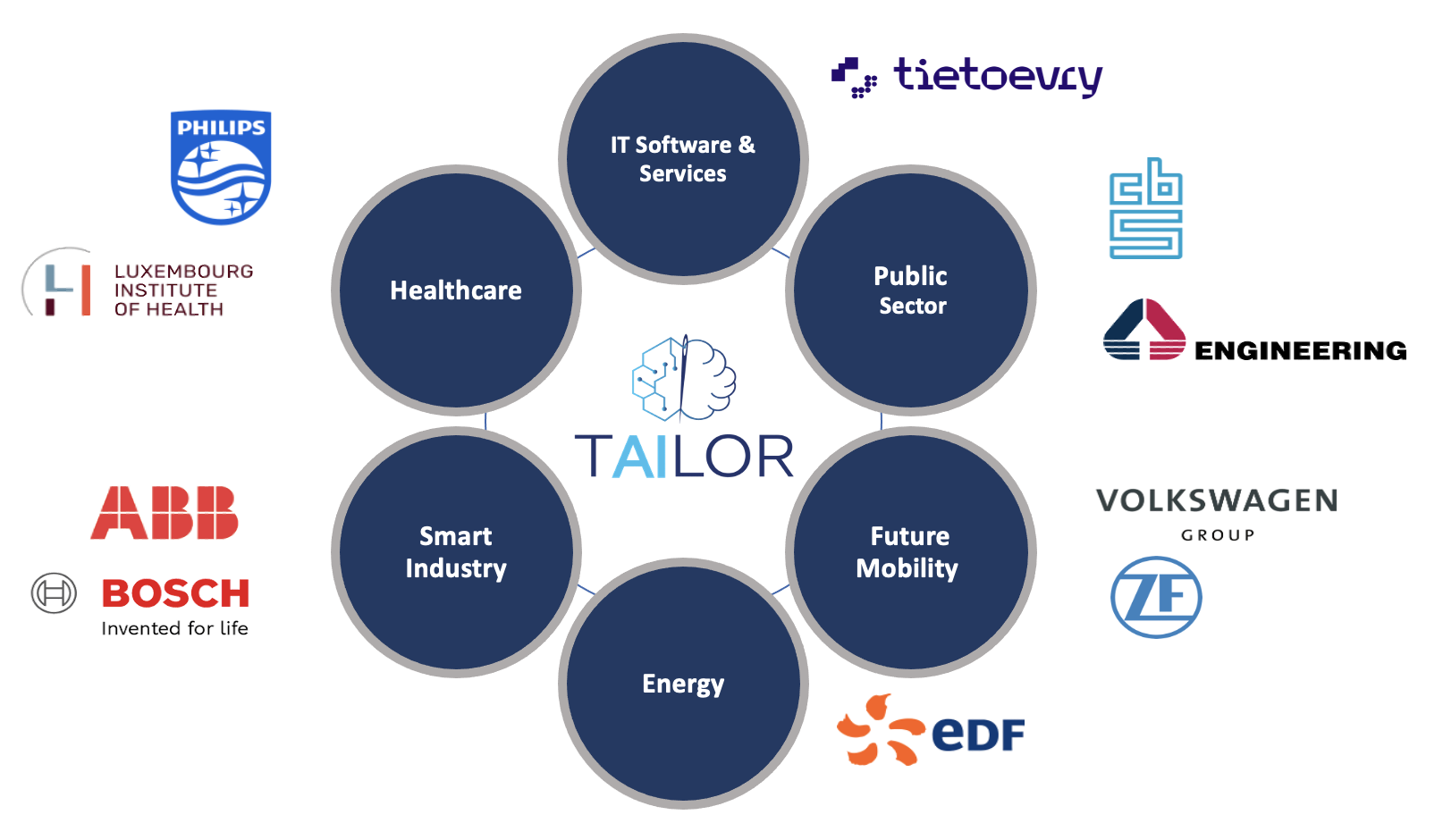 A diagram showing the main industry sectors and the representative partner companies in Tailor.